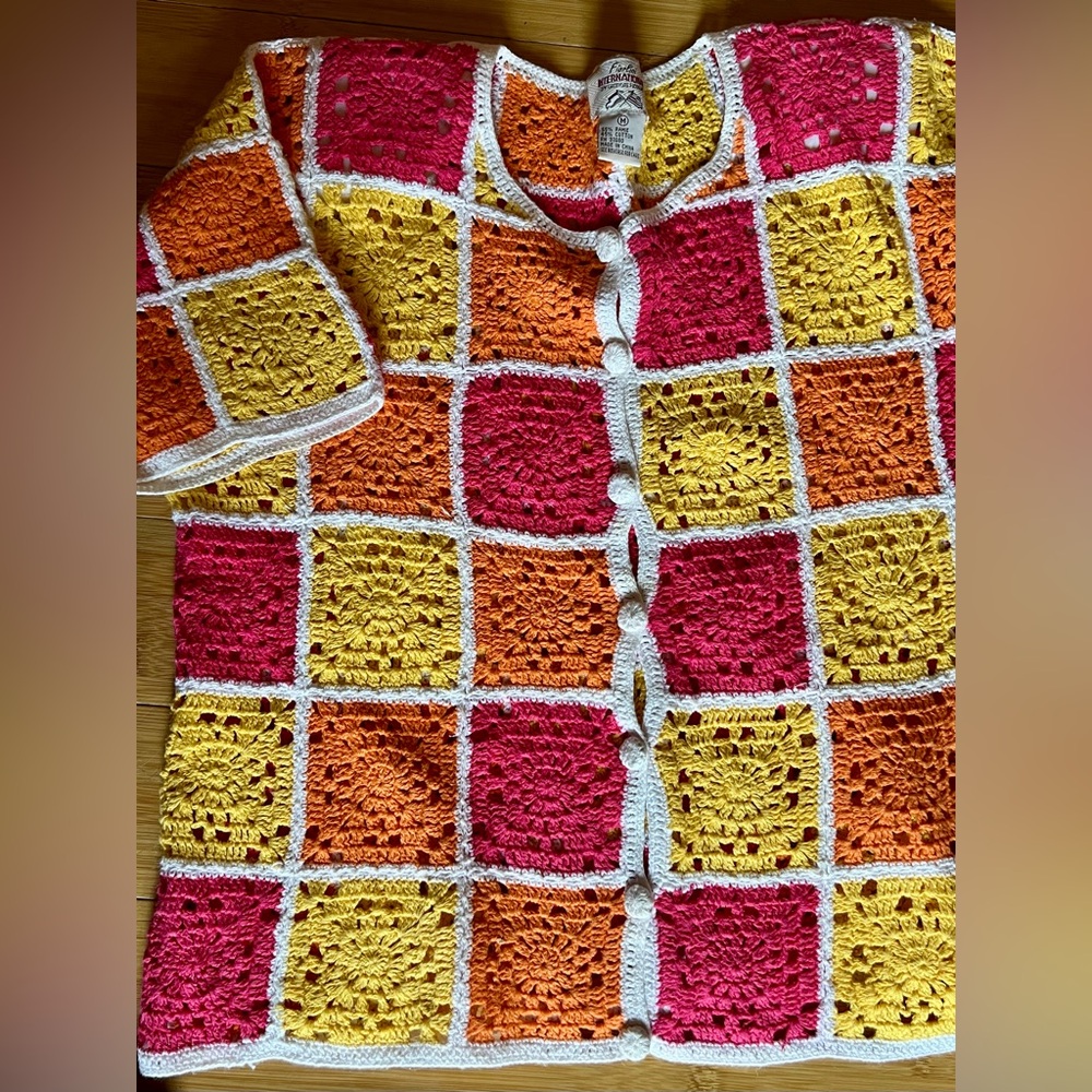 Vintage Y2K Fiorlini International Crochet Cardigan Pink Yellow Orange M - Picture 4 of 4